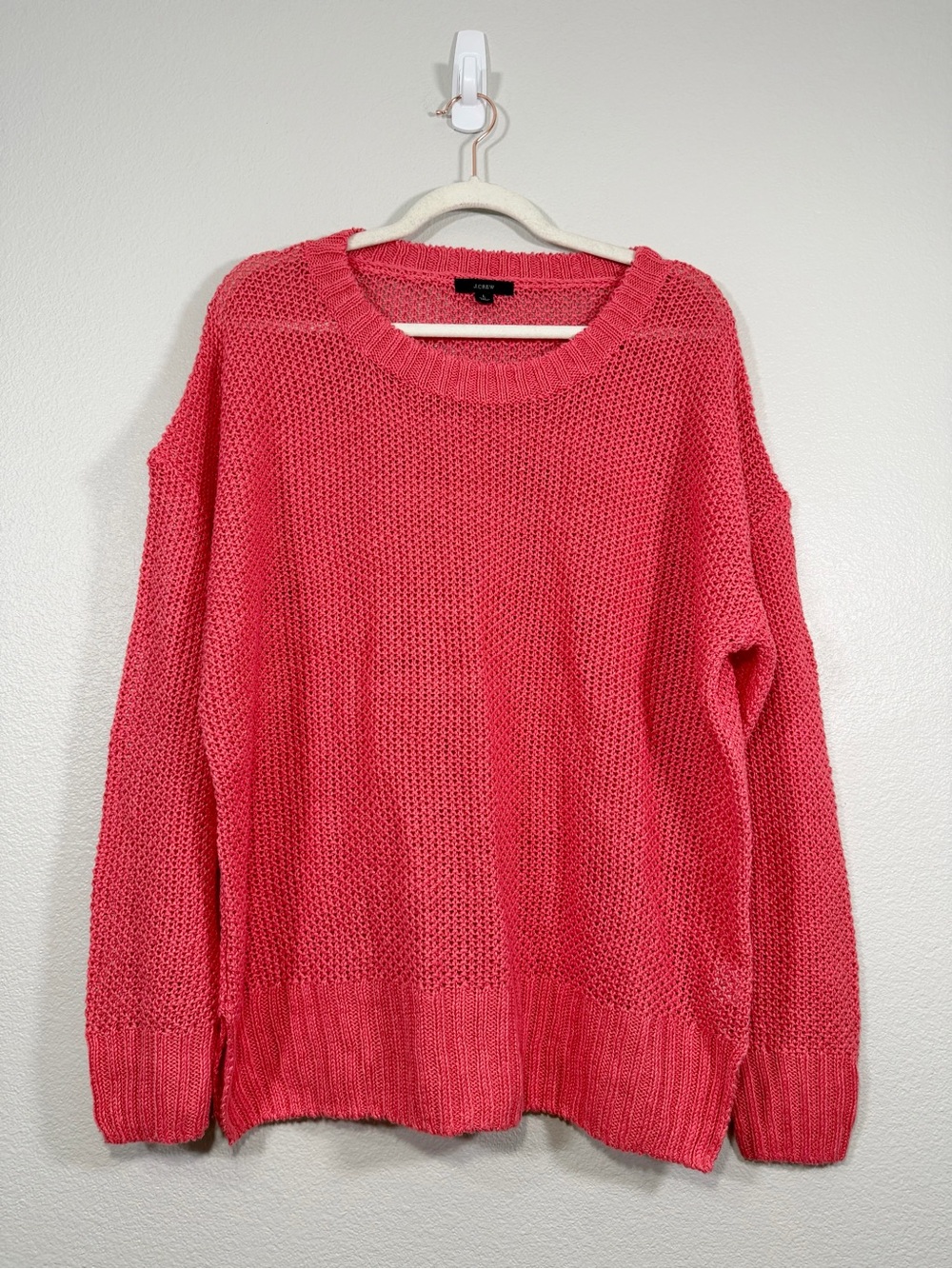 J. Crew Sweater Coral Pink Open Knit Crewneck Shirt 100% Linen Relax Fit Women L